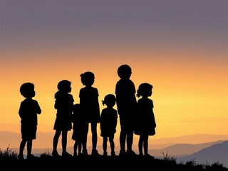 Silhouetted black family of children enjoying scenic view together, activities, siblings, nature