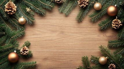 Rustic Christmas Frame with Pinecones and Fir, Festive arrangement of snow-dusted pinecones and fir branches forming a rustic frame on a wooden background, perfect for holiday designs.

