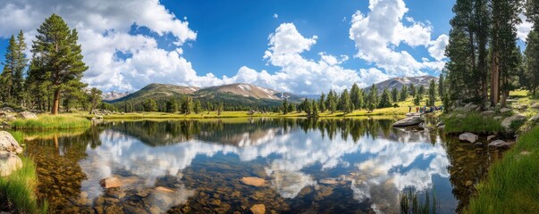 Fototapeta premium Serene Mountain Reflection in a Calm Lake Surrounded by Lush Greenery and Stunning Blue Skies with Fluffy White Clouds in an Idyllic Wilderness Landscape