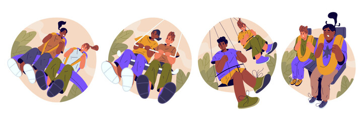 Set of vector people at roller coster or amusement park carousel. Holiday attraction for fun and entertainment. Fast adrenaline track with multicultural pair at swing seesaw. Outdoor festive ride