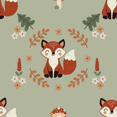 Seamless fox pattern with flowers and leaves on a green background, perfect for kids’ design and decorative uses.