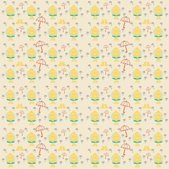 Seamless pattern of a cute yellow raincoat character, raindrops, clouds, boots, and red umbrellas on a beige background. Suitable for kids’ designs, textiles, wrapping paper, and weather-themed illust