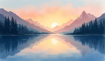 Sunrise over tranquil mountain lake with soft reflections