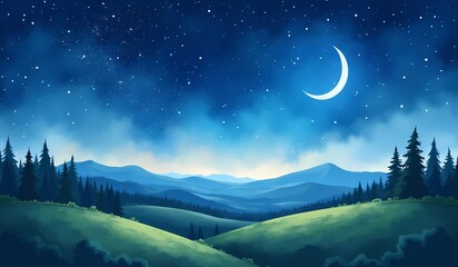 Fototapeta premium Crescent moon over serene forest and mountain valley