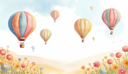 Obraz premium Hot air balloons above floral meadow in watercolor style