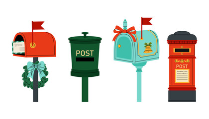 Set of vector illustrations of mailboxes. Different boxes for letters. Christmas decor for cards, backgrounds, invitations, letters. 