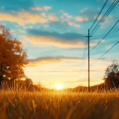 Fototapeta premium A vibrant sunset illuminates a grassy field, with warm hues reflecting in the sky and power lines framing the scene, Ideal for nature-themed projects, inspiring landscapes, or rural lifestyle content