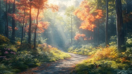 Obraz premium Beautiful scenic hiking trail through a peaceful forest, offering a tranquil escape into nature's lush surroundings