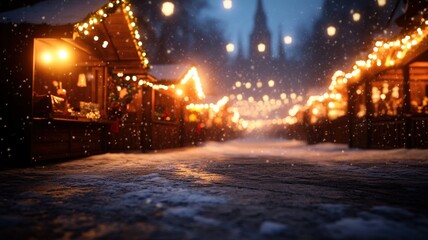 Winter wonderland market christmas celebration european town warm lights nighttime scene holiday spirit
