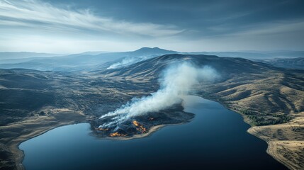 Aerial view of a massive wildfire spreading across a dry landscape