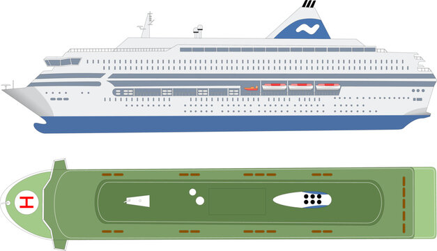 Ro-Ro Passenger Ferry. Side and top profile of a roll-on-roll-off passenger ferry. Isolated vector illustration.