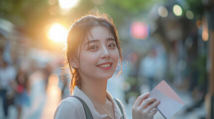 asian women holding business book bank payment promotion customer show advertisement outdoor sunset