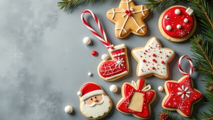 Obraz premium Christmas Background With Gingerbread Cookies. Winter Festive Nature Concept. Flat Lay, Copy Space.