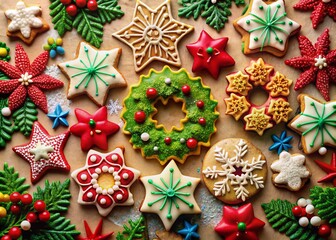 A Colorful Array of Festively Decorated Christmas Cookies Like Stars, Wreaths, and Snowflakes on a Neutral Background Perfect for Holiday Baking and Seasonal Celebrations