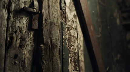 Close-up of a weathered wooden door with a rusty metal latch. The wood shows age and decay, with peeling paint and exposed grain.  Dark and moody atmosphere.