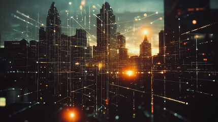 Obraz premium Smart digital city with connection cyber security network reciprocity over the cityscape . future smart wireless digital city and social media networking systems that connects people within the city