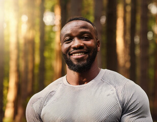Obraz premium Happy man ready for exercise in forest during summer smiling