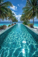 Fototapeta premium Spectacular turquoise water sparkles in an opulent infinity pool, reaching toward the stunning ocean view under a vibrant azure sky, crafting a perfect tropical getaway