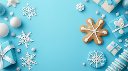 Fototapeta premium christmas sugar gingerbread concept. Festive winter-themed flat lay with cookies and decorations on blue background.