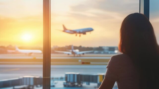Silhouette of young woman looking at airplane taking off at sunset from airport window, enjoying the view of the runway and the beautiful sky