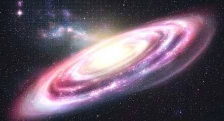 Obraz premium A floating abstract barred spiral galaxy in outer space, set against a transparent background. The composition includes glistening gold stars and sparkling dust. The artwork is a modern hand-drawn