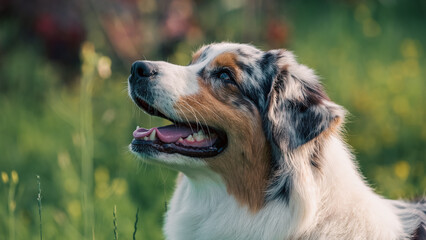 purebred australian shepherd dog for a walk in the park