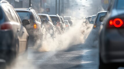 Cars lined up in gridlock with visible exhaust