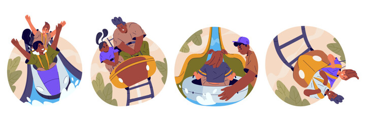 Set of vector illustration for amusement park attraction. Roller coaster and water slides. Waterpark track with cartoon people and wet tubes. Carousel ride and aqua zone. Entertainment and holiday