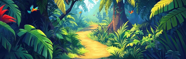Winding Path Through Lush Tropical Jungle with Birds in Flight