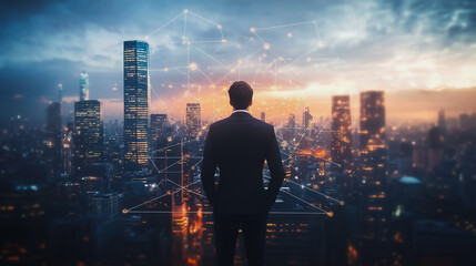 Abstract business man stands on the peak of success amid tall, innovative Smart city and graphs with statistics to analyze business potential and predict future developments in company growth.