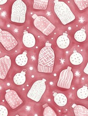 A festive pattern featuring red ornaments, holly leaves, and cream-colored swirls, capturing the essence of Christmas cheer.
