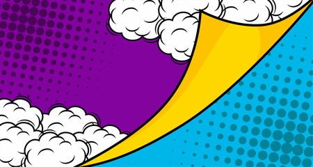 Pop art comic background with flip paper effect and dot halftone