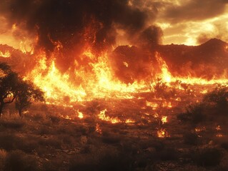 Flames racing across a dry hillside