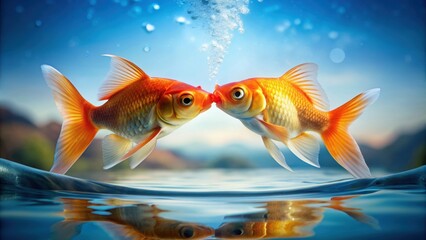 Goldfish couple sharing a romantic kiss in their underwater world, love, romance, underwater, fish, aquatic, kissing