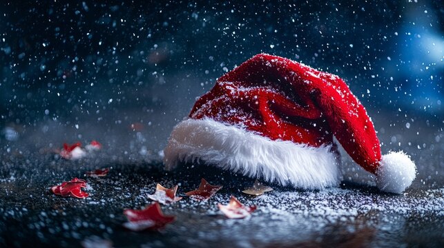 Un fondo navide&ntilde;o oscuro con un cielo cubierto de nieve y un gorro rojo de Santa Claus colocado sobre la nieve, disponible con un &aacute;rea en blanco para texto publicitario.