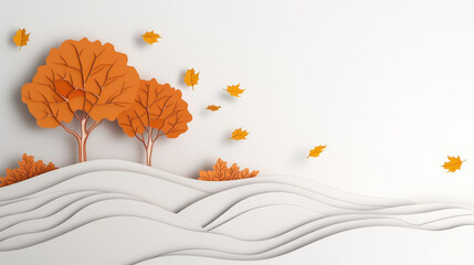 Three orange trees on hill with flowing white waves and falling leaves create serene autumn scene. paper cut art style adds depth and texture to composition
