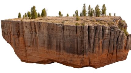 Isolated mesa with trees on top,  red rock cliff face transparent background