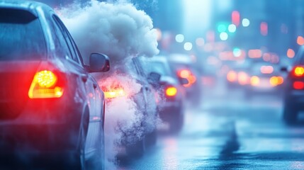 Rows of cars releasing smoke into the atmosphere