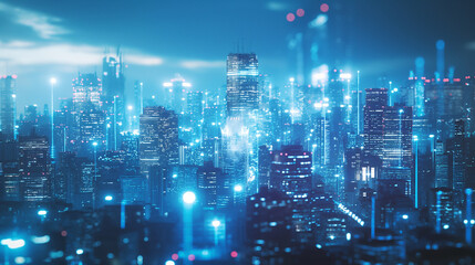 Obraz premium Vibrant city skyline illuminated by blue lights during nighttime