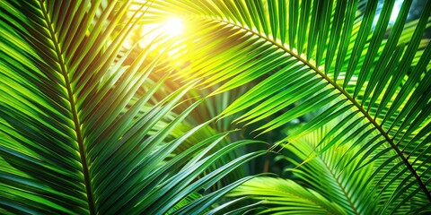 Close up of green palm tree leaves with sunlight filtering through, tropical, exotic, foliage, nature, vibrant, lush