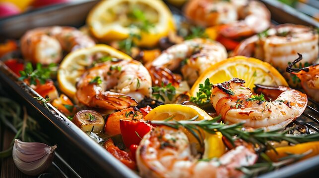 Seafood cooked in the oven with a mixture of veggies served as a pescatarian dis