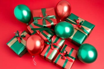 A joyous Christmas setting with intricately wrapped presents and ornaments displayed on a bright red background, capturing the essence of the holiday season.