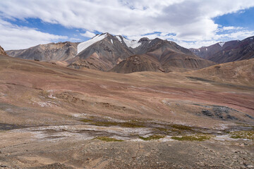 High altitude desert landscape view near Ak Baital pass aka Hushang on Pamir Highway M41, Murghab, Gorno-Badakhshan, Tajikistan