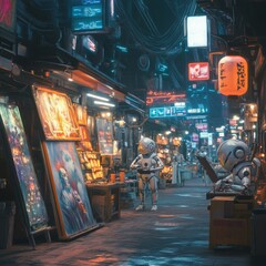 Obraz premium Futuristic Night Market Scene with Robot Vendor