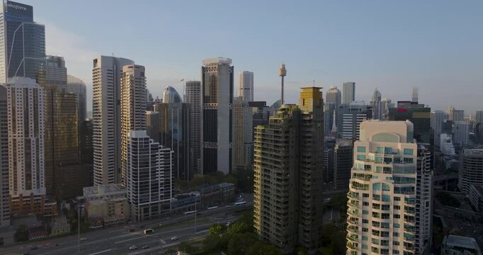 Aerial view of beautiful modern skyscrapers and busy streets in the business district, Sydney, Australia.