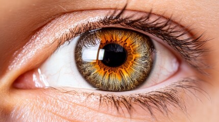 Fototapeta premium A close-up of a vibrant eye, showcasing intricate details in the iris and eyelashes, Ideal for medical, beauty, and artistic purposes, highlighting concepts of vision, perception, and beauty,