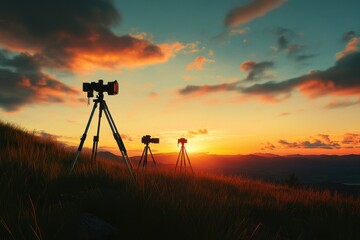Three tripods are set up in a field with a beautiful sunset in the background