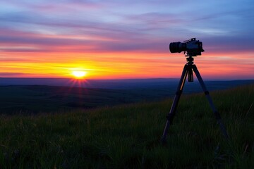 A camera is set up on a tripod in a field at sunset