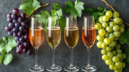 Four champagne glasses beside grapes on a textured surface.