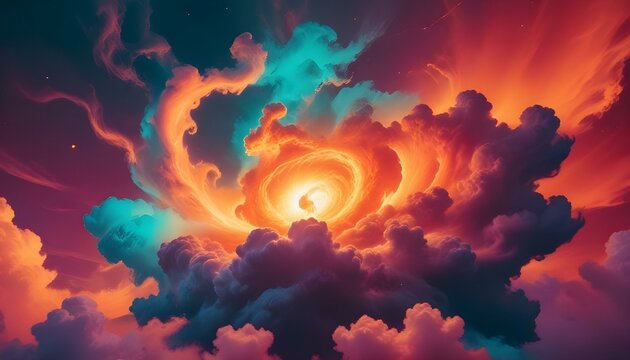 Una enorme y ardiente entidad celestial con zarcillos arremolinados de energ&iacute;a naranja y roja sobre un fondo de nubes c&oacute;smicas verde azulado y violeta